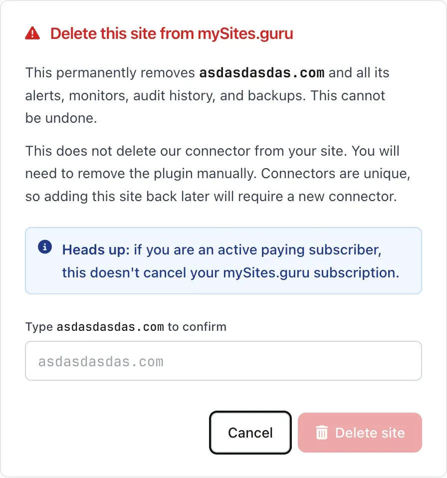 The mySites.guru delete confirmation screen, showing the warning text and an empty hostname confirmation field with the red Delete site button disabled