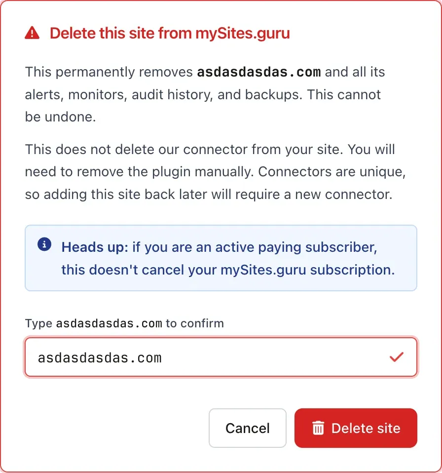 The same confirmation screen after typing the correct hostname, showing a green checkmark and the red Delete site button now enabled