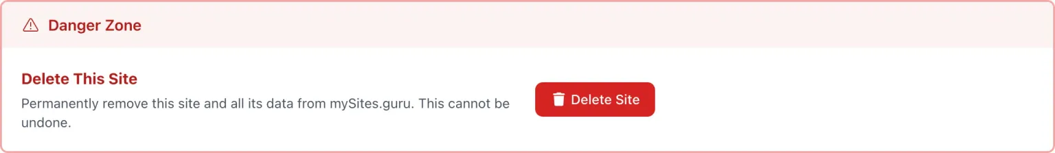 The Danger Zone section on a mySites.guru site's settings page, with a red Delete Site button next to a warning that deletion permanently removes the site and all its data