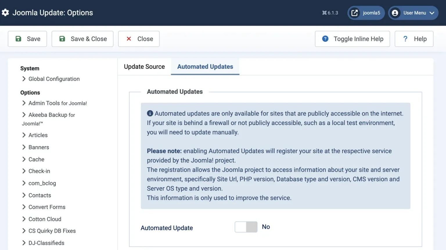 Joomla Update Options with the Automated Updates tab open, showing the notice that automated updates register the site with the Joomla project and the Automated Update switch set to No