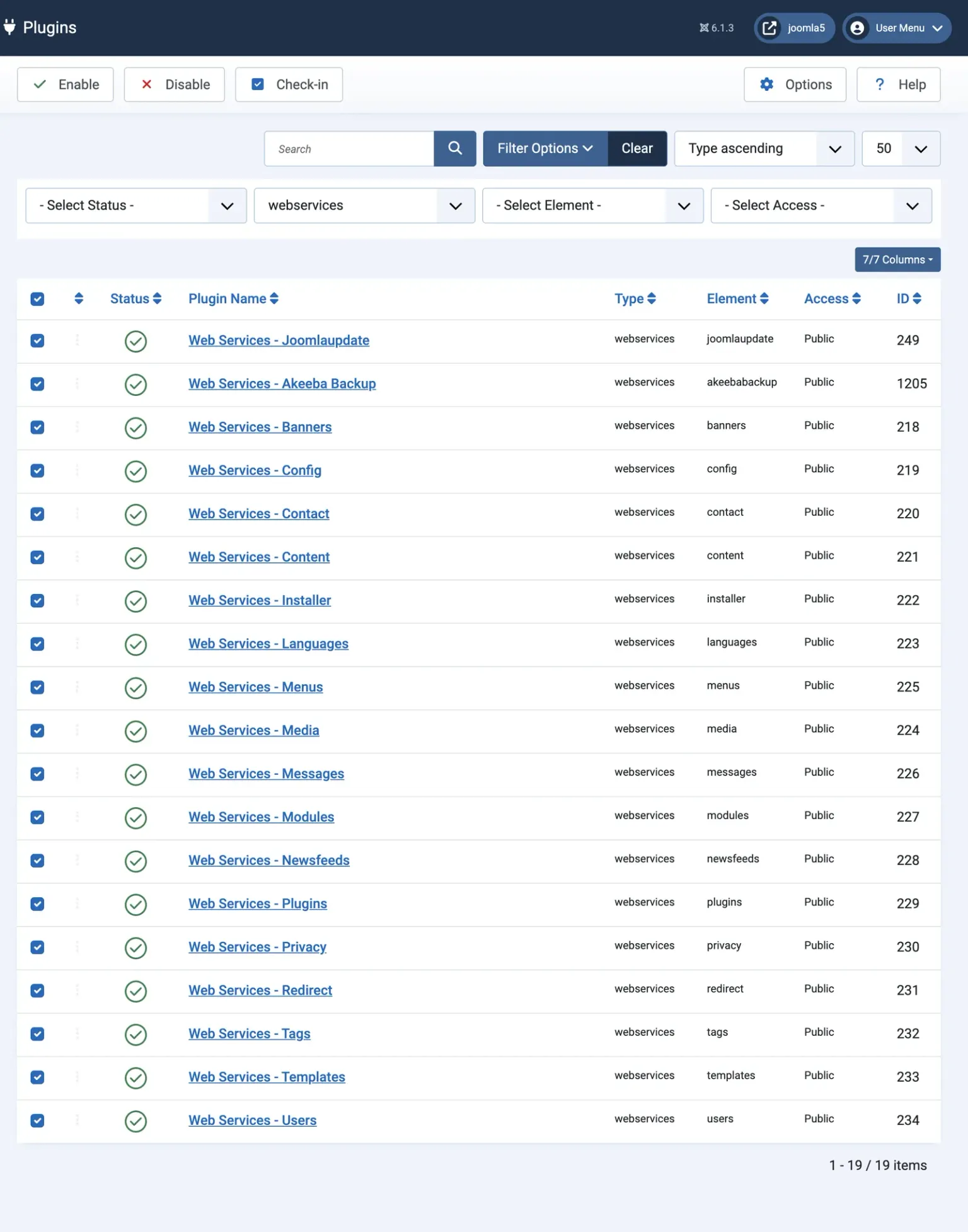 Joomla 6.1.3 plugin manager filtered to the webservices type, showing 19 Web Services plugins including Joomlaupdate and a third-party Akeeba Backup plugin, all enabled with green ticks and all selected ready for the Disable button