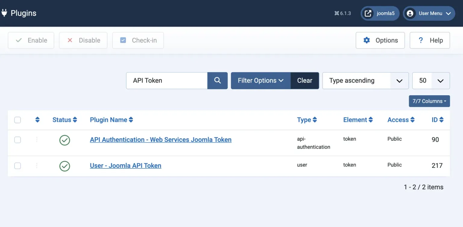 Joomla plugin manager searched for API Token, showing API Authentication - Web Services Joomla Token and User - Joomla API Token, both still enabled
