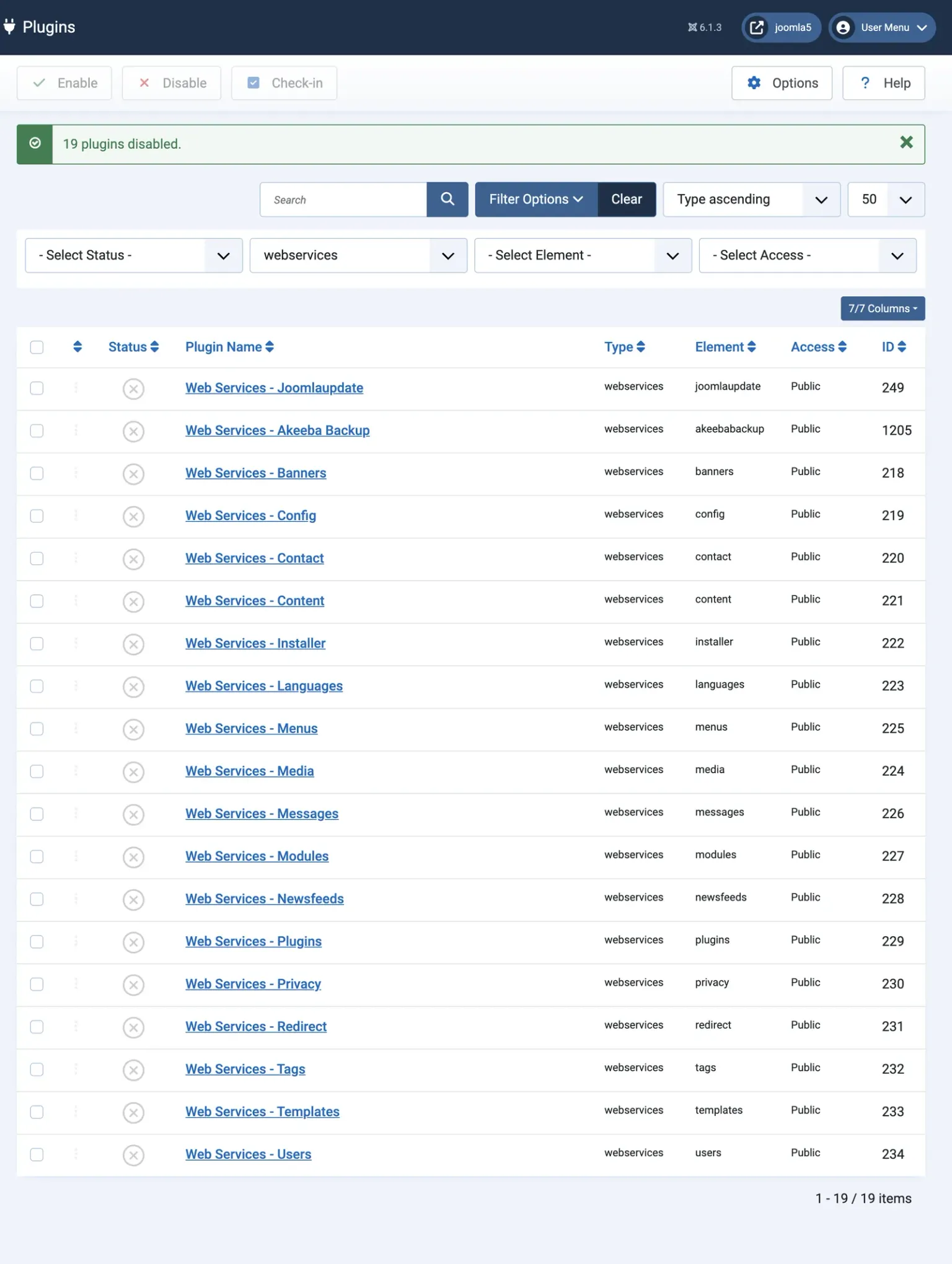 The same Joomla plugin list after disabling, with the message 19 plugins disabled and every Web Services plugin showing a grey cross for disabled