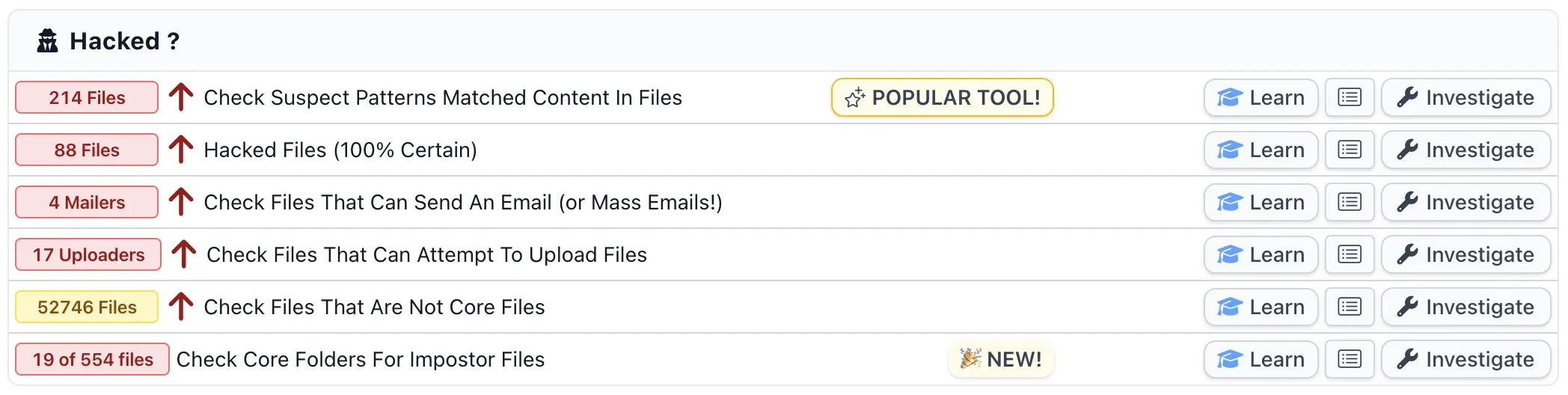 The Hacked question mark section of a mySites.guru audit, listing six checks with a count badge against each. From the top: 214 files matched suspect patterns, 88 hacked files at 100 percent certainty, 4 mailer scripts, 17 file uploaders, then Check Files That Are Not Core Files showing an amber badge reading 52746 Files, and finally Check Core Folders For Impostor Files with a red badge reading 19 of 554 files and a NEW label. Each row has Learn and Investigate buttons on the right.