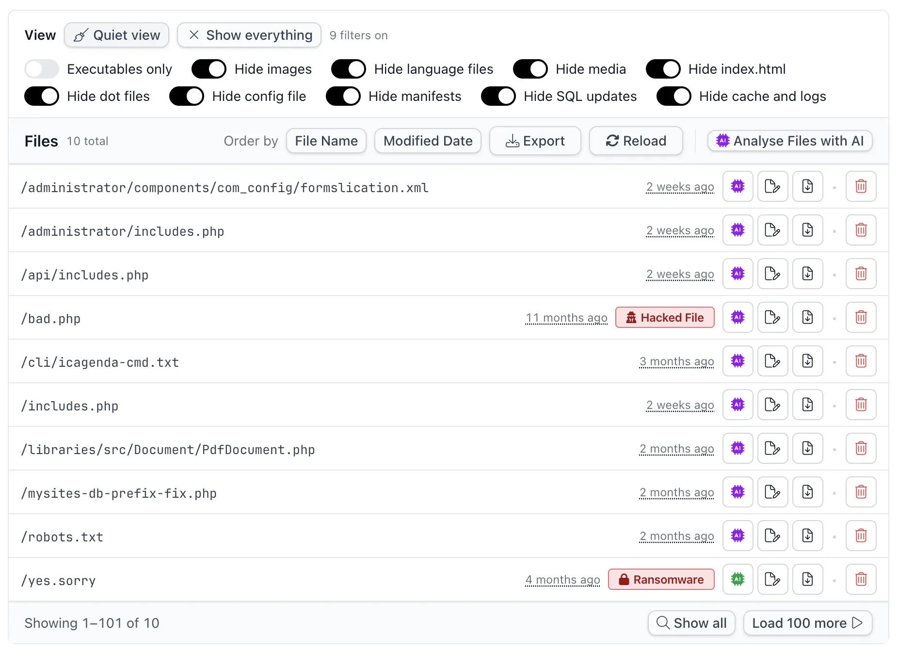 The Impostor Files view filter bar with Quiet view active and nine filters switched on: hide images, language files, media, index.html, dot files, the config file, manifests, SQL updates, and cache and logs. Executables only is left off. Below it the file list shows the ten files that survive the filter, among them /administrator/includes.php, /api/includes.php, /libraries/src/Document/PdfDocument.php and /bad.php, which is tagged Hacked File, and /yes.sorry, which is tagged Ransomware. Buttons above the list offer ordering by file name or modified date, an export, a reload, and Analyse Files with AI.