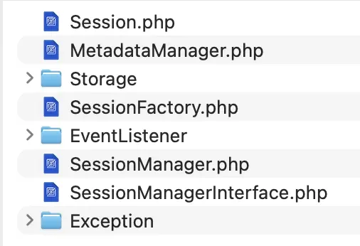 A file listing of the folder libraries/src/Session on a Joomla 5 site, showing eight entries in this order: Session.php, MetadataManager.php, a Storage folder, SessionFactory.php, an EventListener folder, SessionManager.php, SessionManagerInterface.php, and an Exception folder.
