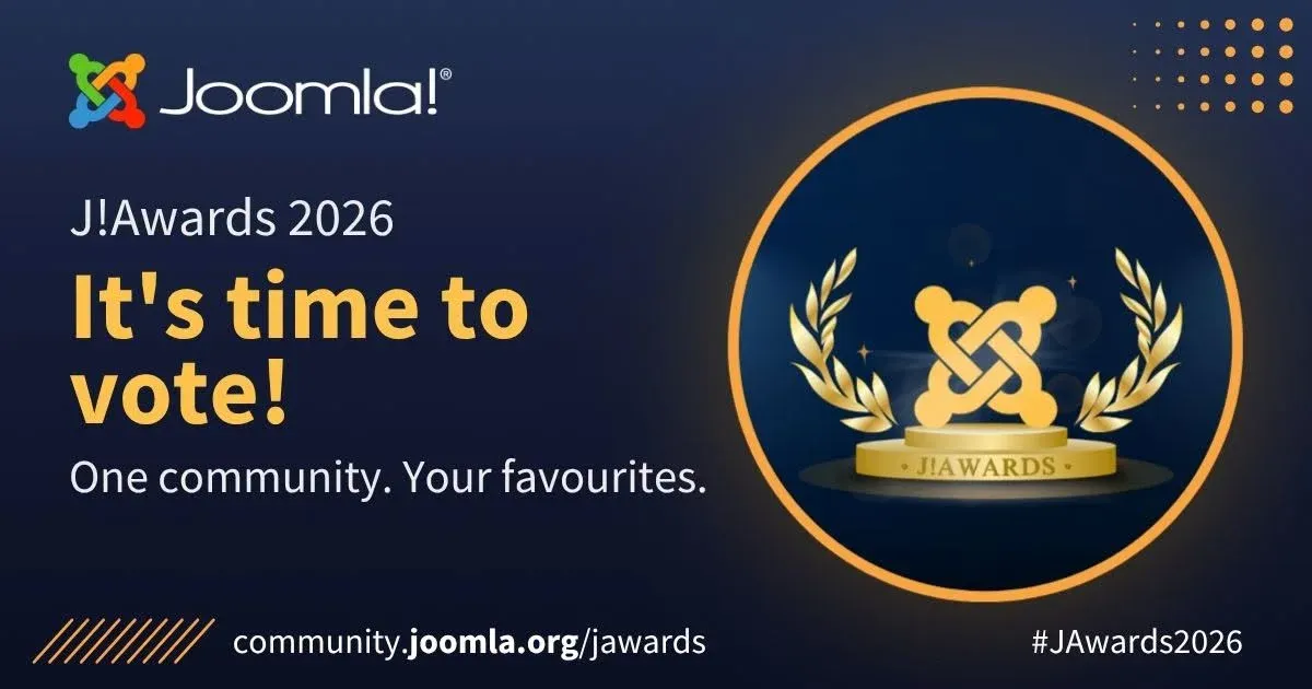 Joomla's J!Awards 2026 artwork: a gold Joomla logo on a J!Awards podium with laurels, and the words It's time to vote! One community. Your favourites.