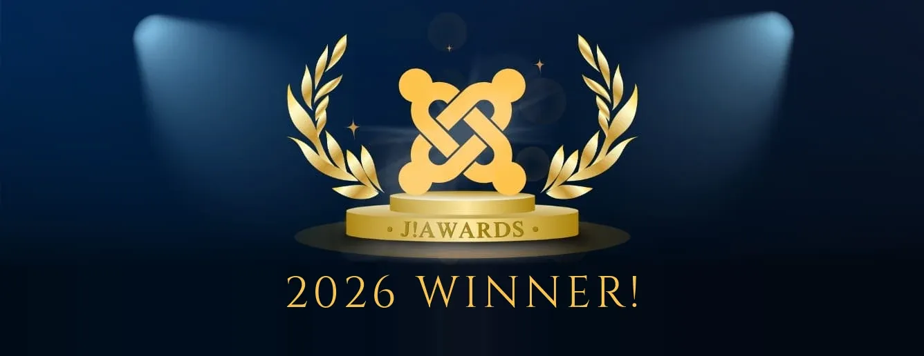 The J!Awards trophy, a gold Joomla logo on a J!Awards podium between laurels under two spotlights, with the words 2026 WINNER! beneath it.