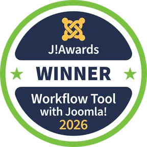 The official J!Awards 2026 winner badge for mySites.guru: J!Awards WINNER, Workflow Tool with Joomla! 2026