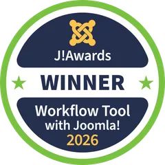 J!Awards 2026 winner badge: Workflow Tool with Joomla, awarded to mySites.guru