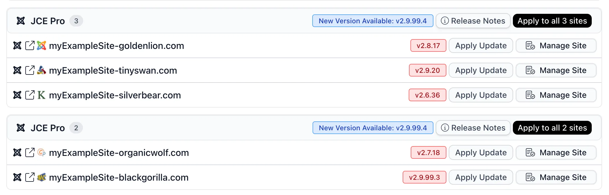 mySites.guru mass update screen showing JCE Pro grouped across sites with an "Apply to all" button alongside per-site Apply Update and Manage Site controls