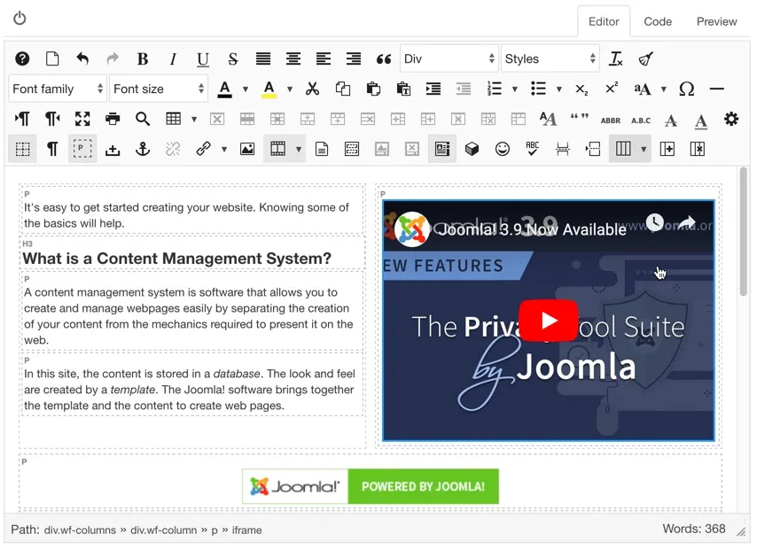 The JCE Pro editor toolbar in a Joomla article, showing the media manager, layout columns and full formatting controls