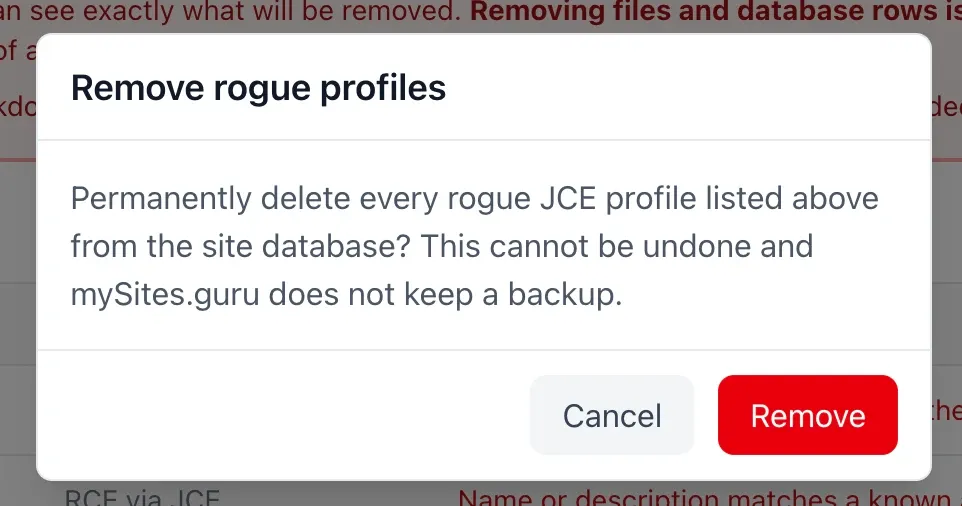 The Remove rogue profiles confirmation dialog, warning that the deletion is permanent and that mySites.guru does not keep a backup