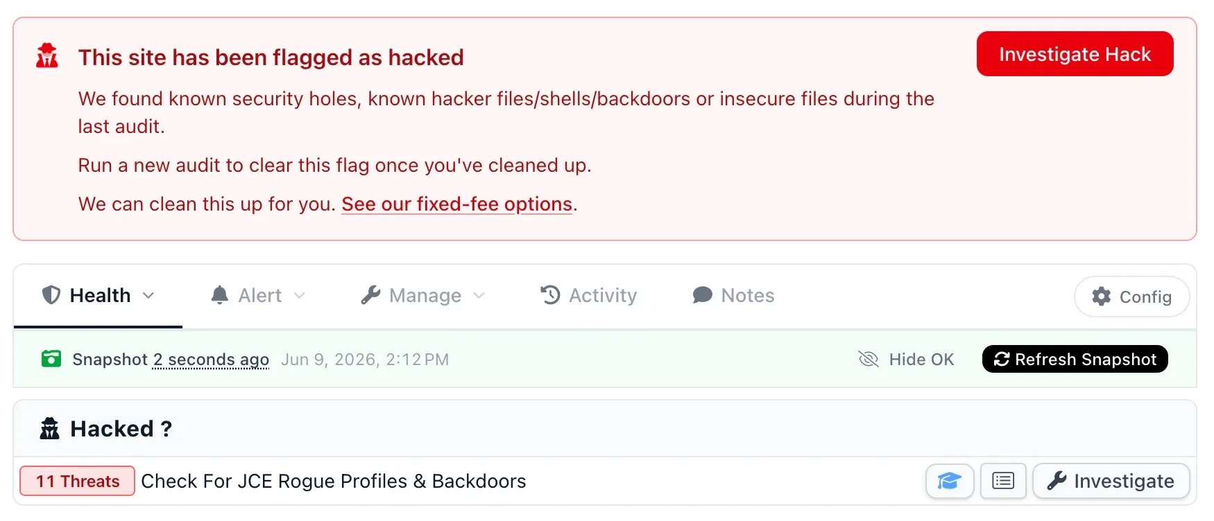 A flagged mySites.guru snapshot with a red This site has been flagged as hacked banner, and the Check for JCE Rogue Profiles and Backdoors check showing 11 threats with an Investigate button