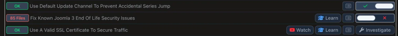 The same Snapshot row showing a red 85 Files badge and an off toggle, meaning 85 core files still need patching