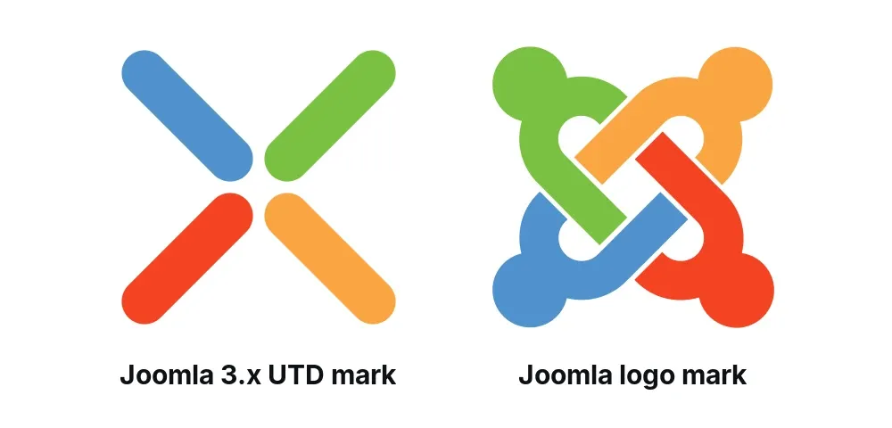 Side by side: on the left the Joomla 3.x UTD mark, four separate rounded strokes in blue, green, orange and red forming a cross; on the right the Joomla logo mark, four interlocking arms in the same green, orange, red and blue