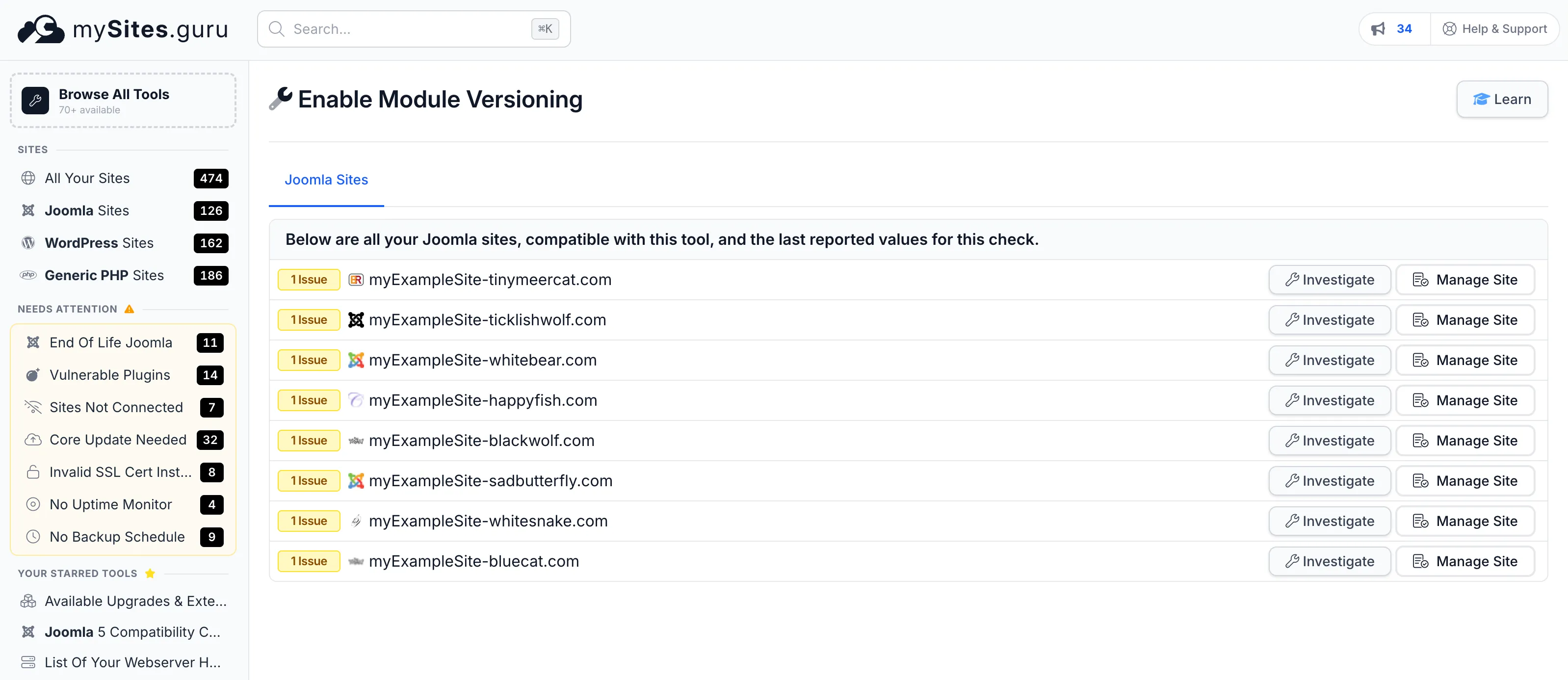 All-sites view of the Enable Module Versioning tool in mySites.guru, listing every connected Joomla site with an Investigate and Manage Site button per row