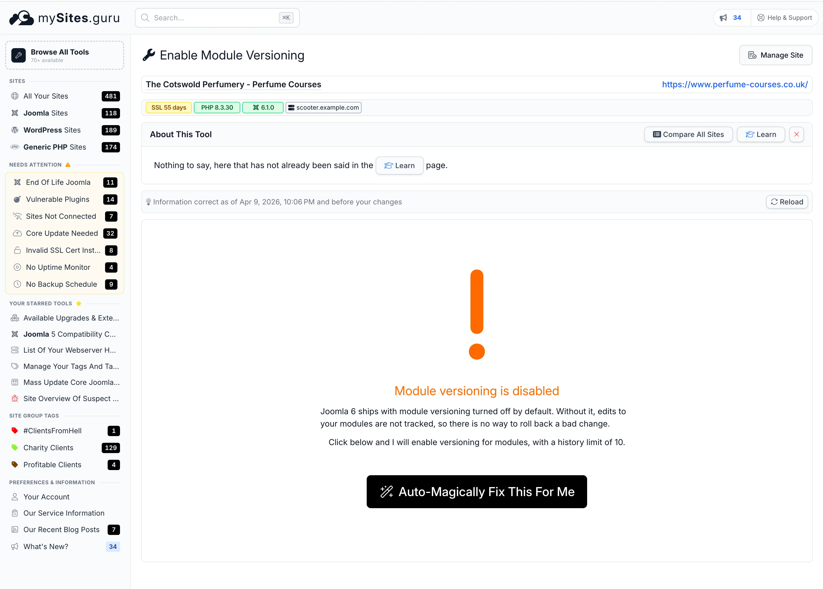 Enable Module Versioning tool in mySites.guru showing module versioning disabled on a Joomla 6 site, with a single Auto-Magically Fix This For Me button