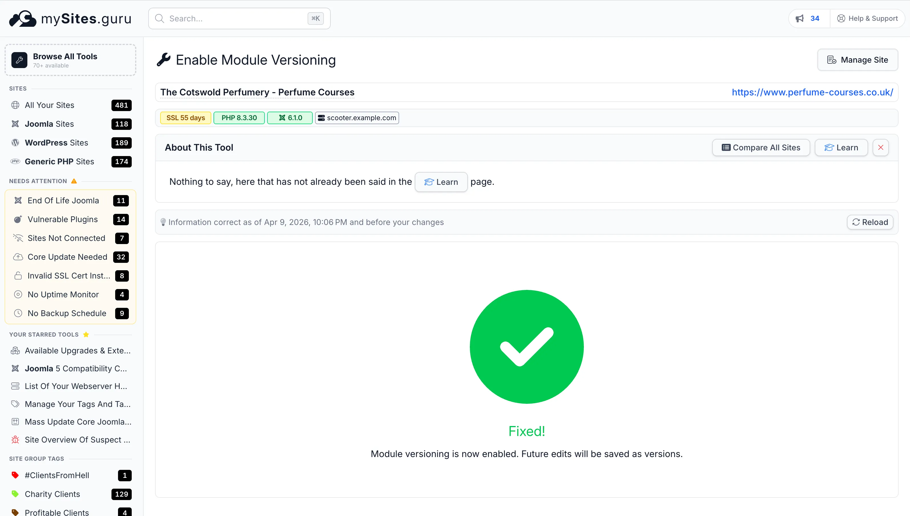 The same Enable Module Versioning check after the fix, showing module versioning is now enabled and future edits will be saved as versions