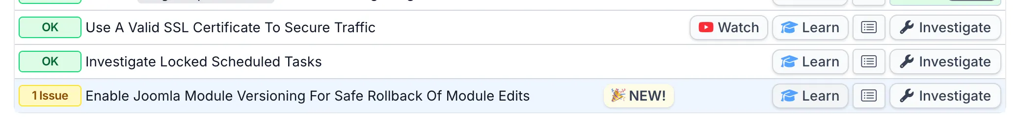The new Enable Joomla Module Versioning check on a mySites.guru snapshot row, flagged with 1 Issue and a NEW! badge, alongside other Joomla checks like SSL Certificate and Locked Scheduled Tasks