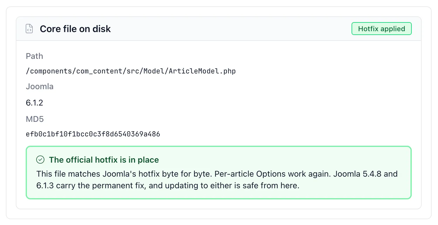 The same mySites.guru Core file on disk panel after patching, now badged Hotfix applied in green. The MD5 has changed to efb0c1bf10f1bcc0c3f8d6540369a486 and a green confirmation reads The official hotfix is in place, explaining the file matches Joomla's hotfix byte for byte, per-article Options work again, and that Joomla 5.4.8 and 6.1.3 carry the permanent fix so updating to either is safe from here
