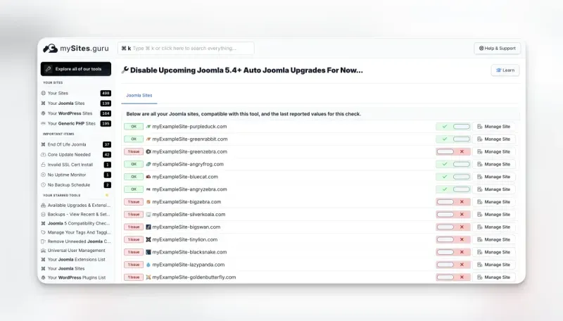 mySites.guru site audit showing the Joomla Configuration section with the "Disable Upcoming Joomla 5.4+ Auto Joomla Upgrades" check showing OK status with a green tick after auto-updates have been disabled