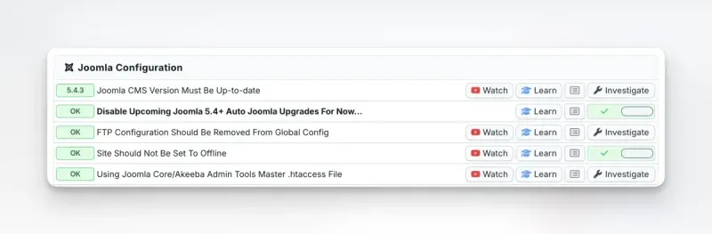mySites.guru dashboard showing the "Disable Upcoming Joomla 5.4+ Auto Joomla Upgrades" tool with a list of Joomla sites and their auto-update status - green ticks for sites where auto-updates are disabled, red crosses for sites where they are still enabled