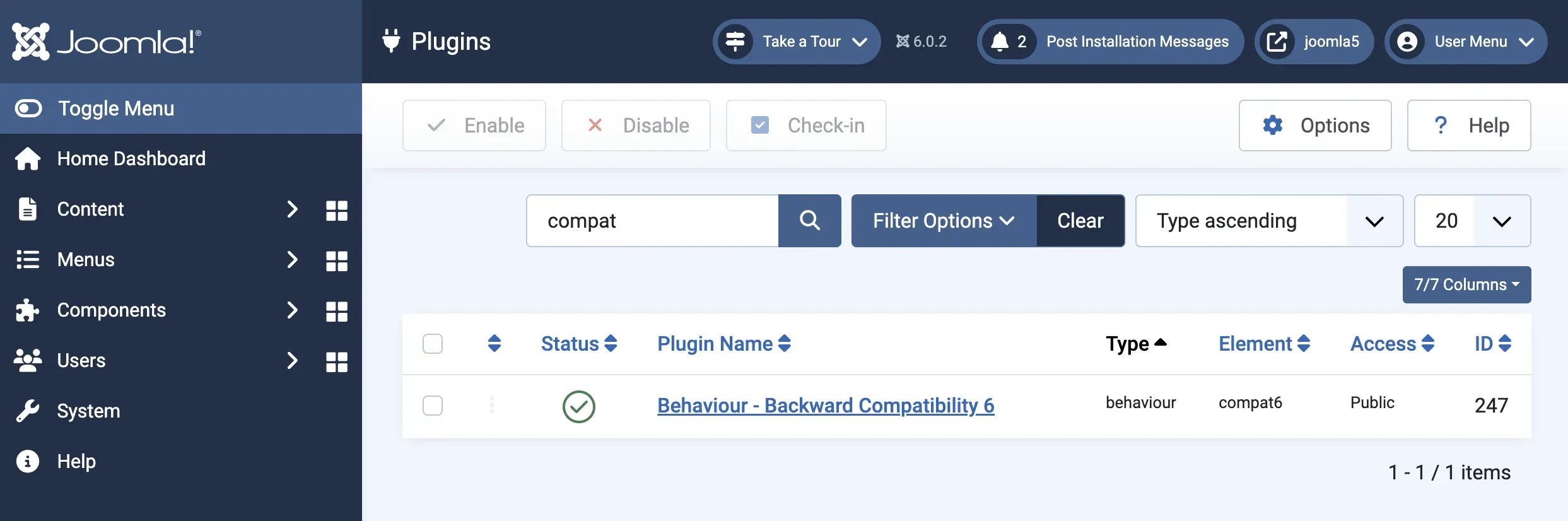 The Joomla 6 admin Plugins page filtered to show the Behaviour - Backward Compatibility 6 plugin with element compat6 enabled