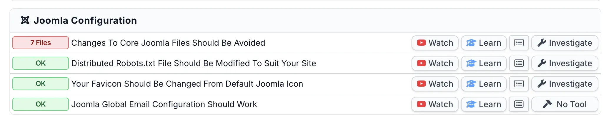 mySites.guru Joomla Configuration audit results showing the Global Email Configuration check with OK status, alongside checks for core file changes, robots.txt, and favicon