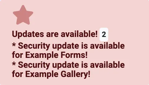 Joomla 6.1.4 Home Dashboard quick icon reading Updates are available! 2, followed by Security update is available for Example Forms! and Security update is available for Example Gallery!