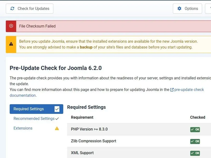 Joomla Update in the Joomla 6 administrator showing a red File Checksum Failed error banner above the Pre-Update Check, with Required Settings all marked OK