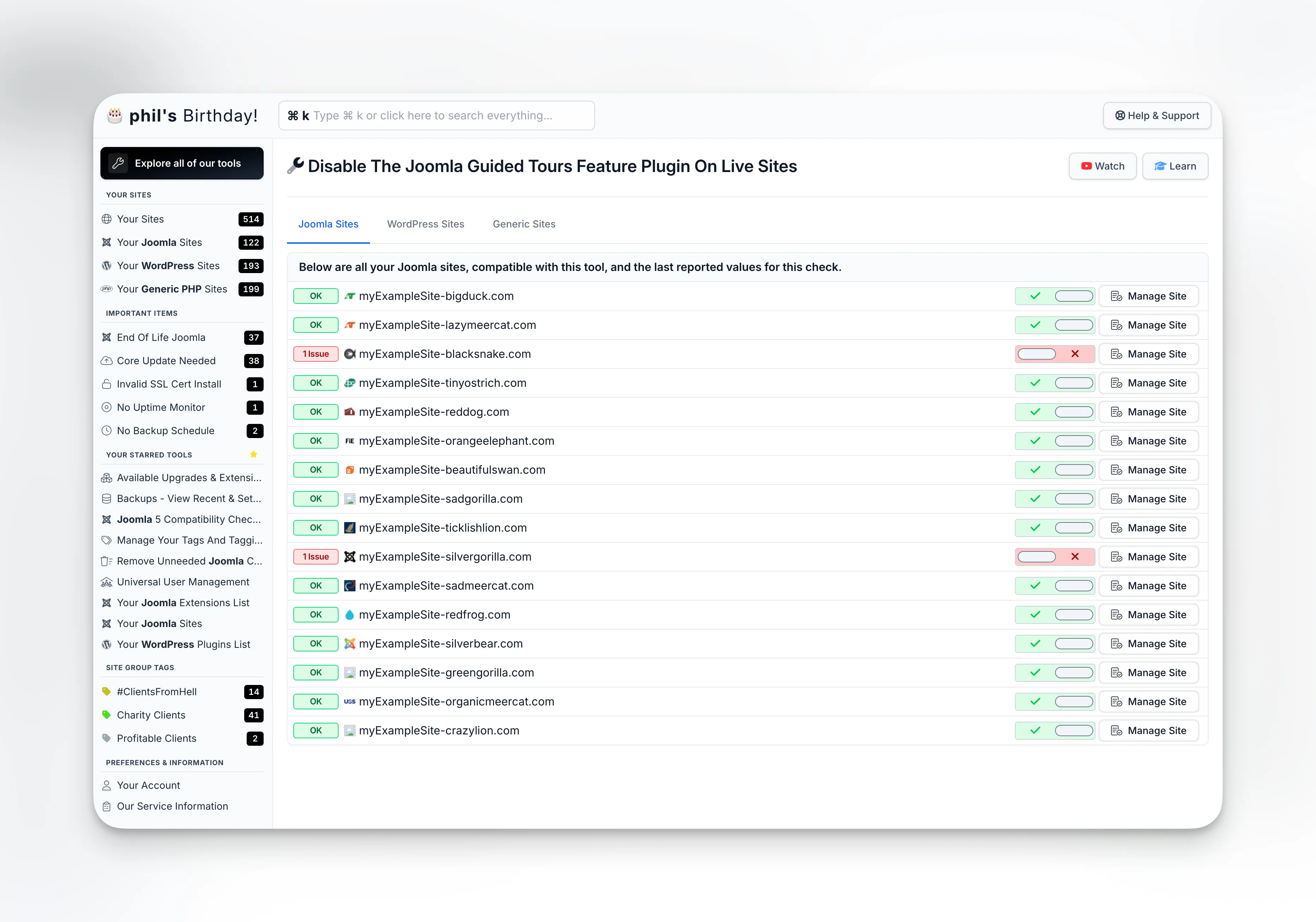 The mySites.guru all-sites tool view showing the Guided Tours plugin status across multiple Joomla sites with toggles to enable or disable