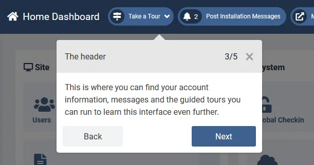 Joomla Guided Tours overlay showing a step-by-step walkthrough of the admin dashboard header