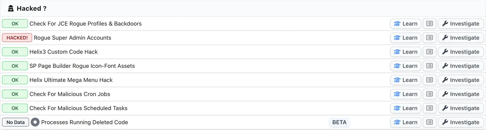 The Joomla Hacked? checks panel in mySites.guru with Rogue Super Admin flagged HACKED! and JCE and Helix checks beside it