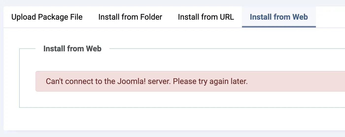 Joomla's Install from Web tab showing the error Can't connect to the Joomla! server. Please try again later.