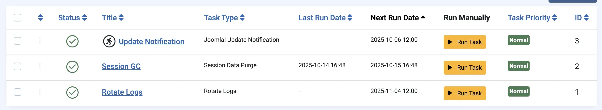 Joomla Scheduled Tasks admin screen showing the running person icon on a locked Update Notification task