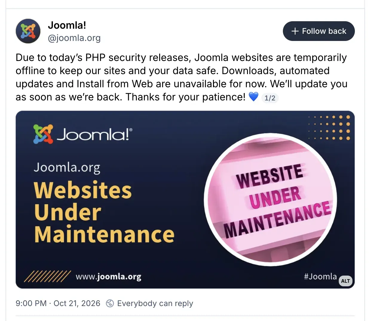 Joomla's Bluesky post of 21 October 2026 saying Joomla websites are temporarily offline because of the PHP security releases, with a Joomla.org Websites Under Maintenance banner