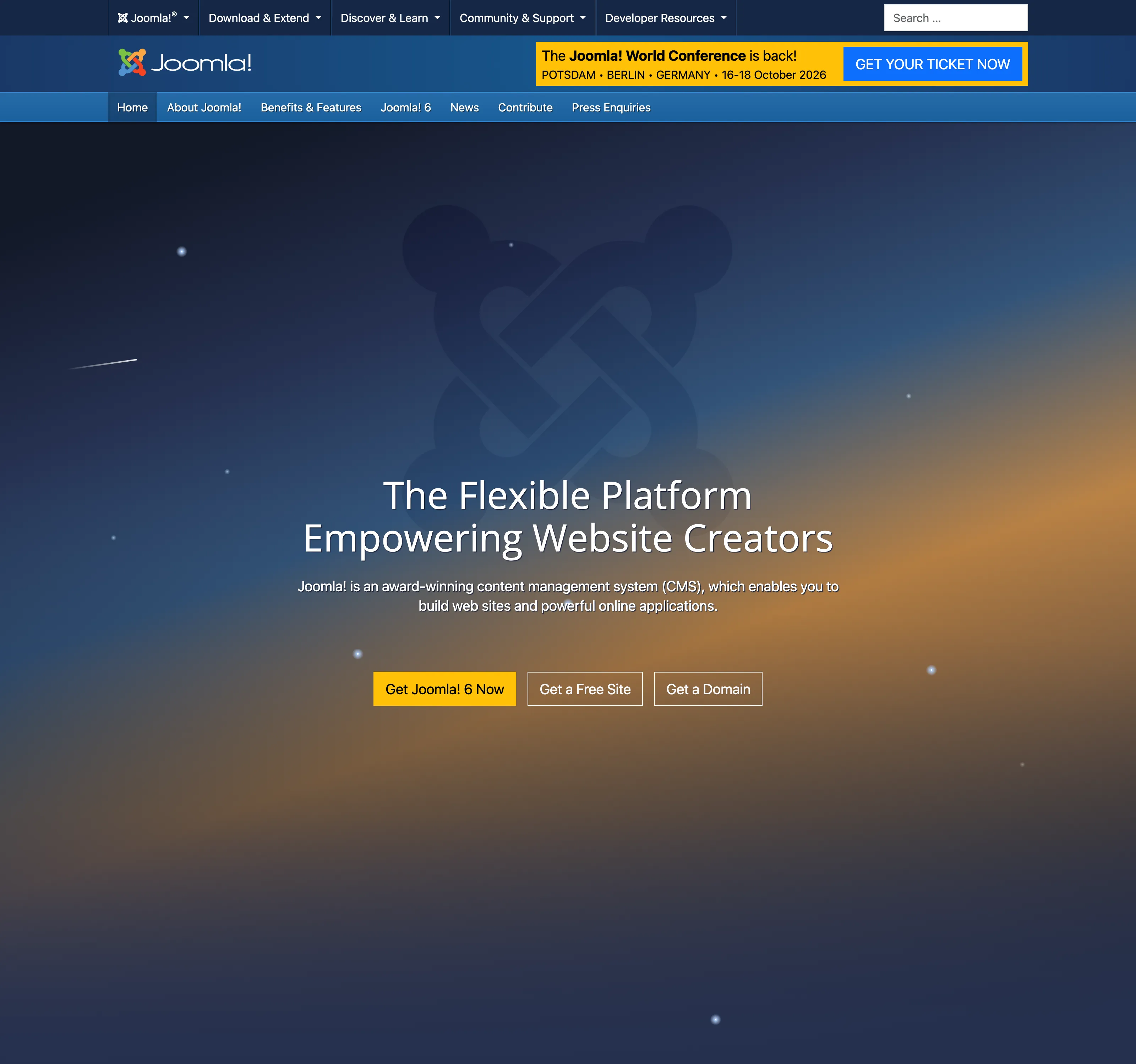 The redesigned joomla.org homepage, April 2026