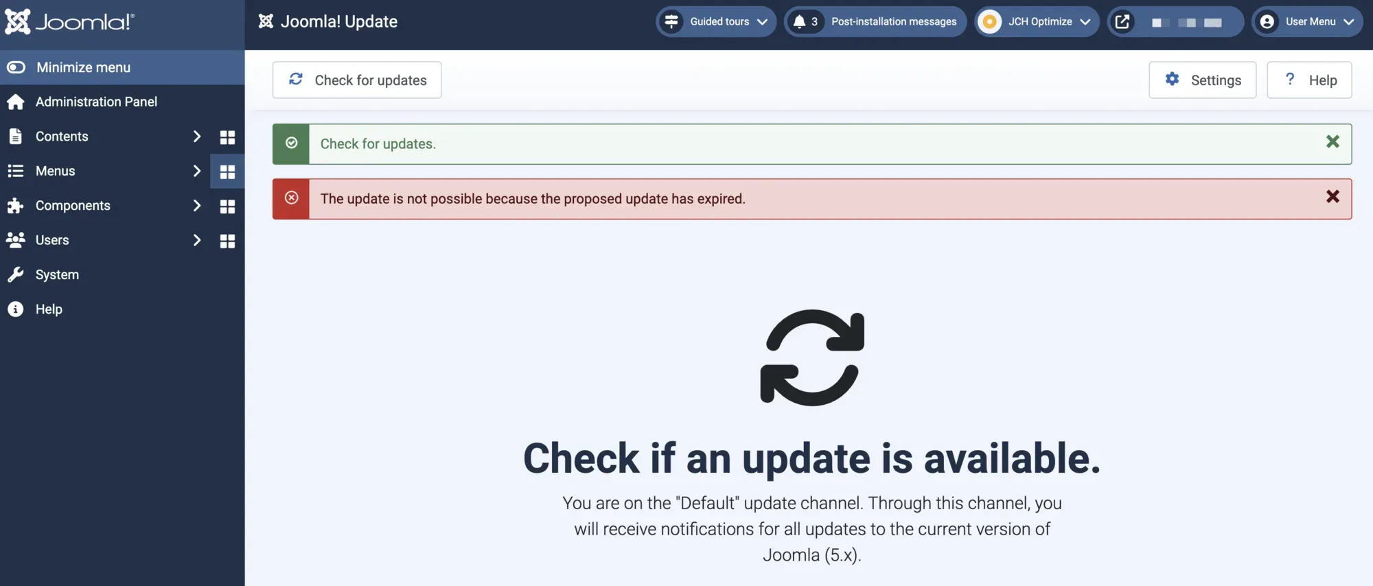 The Joomla Update screen showing a green "Check for updates" confirmation above a red error banner reading "The update is not possible because the proposed update has expired", on a site running the Default Joomla 5.x update channel