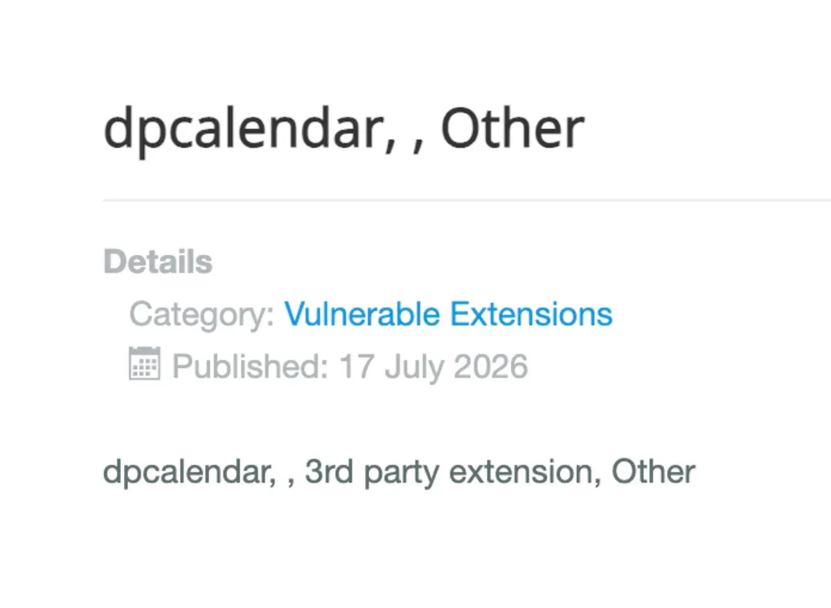 The full Joomla VEL detail page for the DPCalendar entry, which reads in its entirety: dpcalendar, blank, 3rd party extension, Other, published 17 July 2026