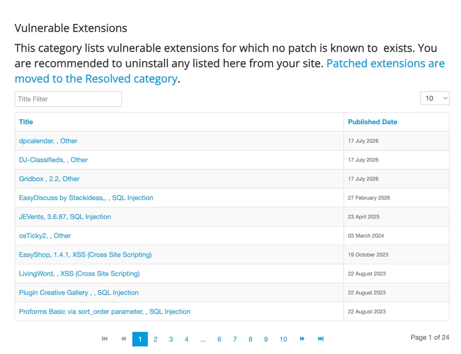 Page one of the official Joomla Vulnerable Extensions List, showing recent entries whose published dates reach all the way back to 2023