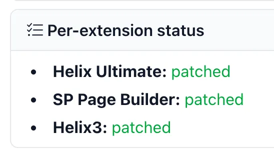 The mySites.guru per-extension status panel after patching, listing Helix Ultimate, SP Page Builder and Helix3 each with a green “patched” label