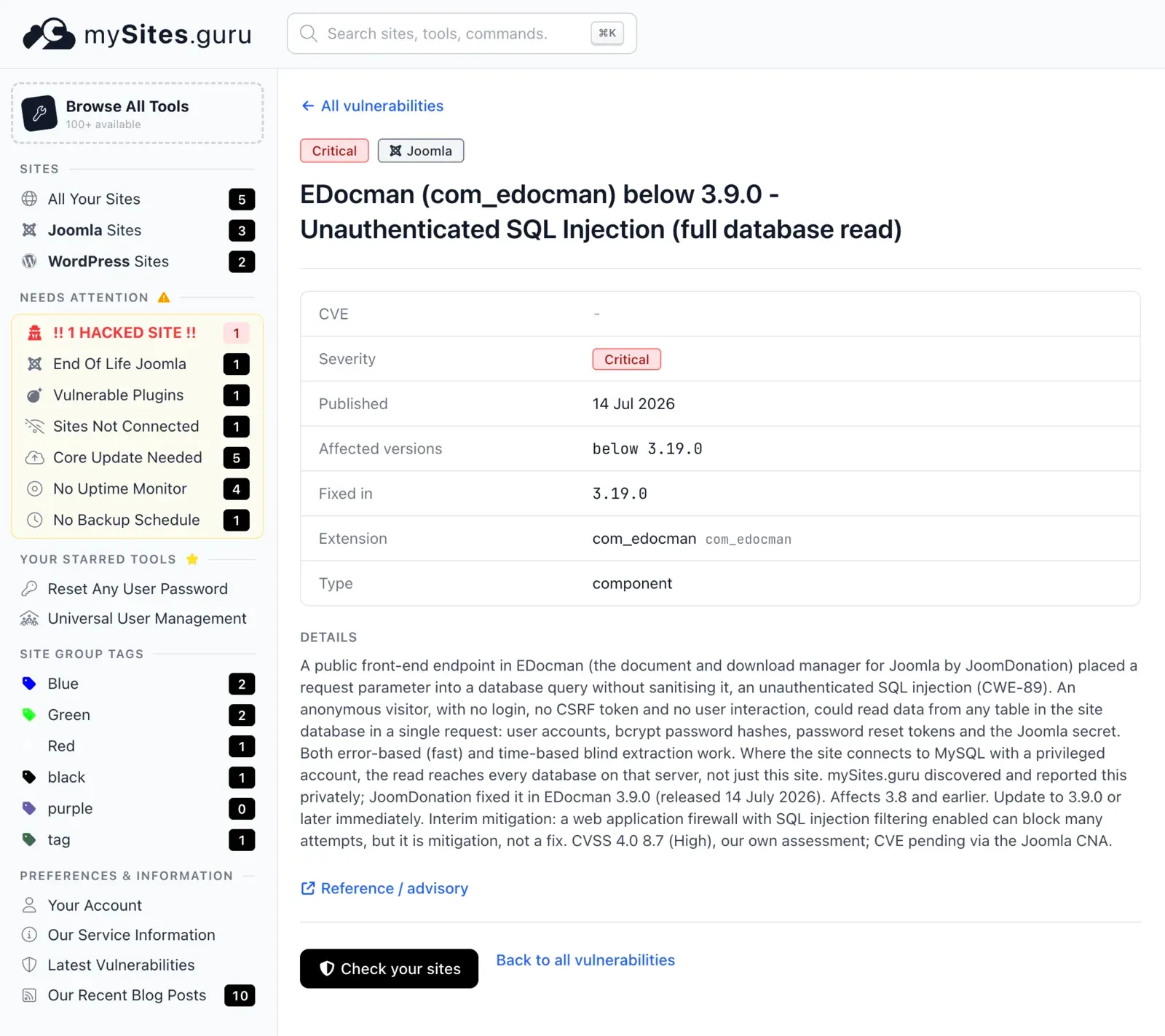 A single vulnerability detail page in mySites.guru for EDocman, showing CVE, severity, published date, affected and fixed versions, extension and type, with a full description and a Check your sites button