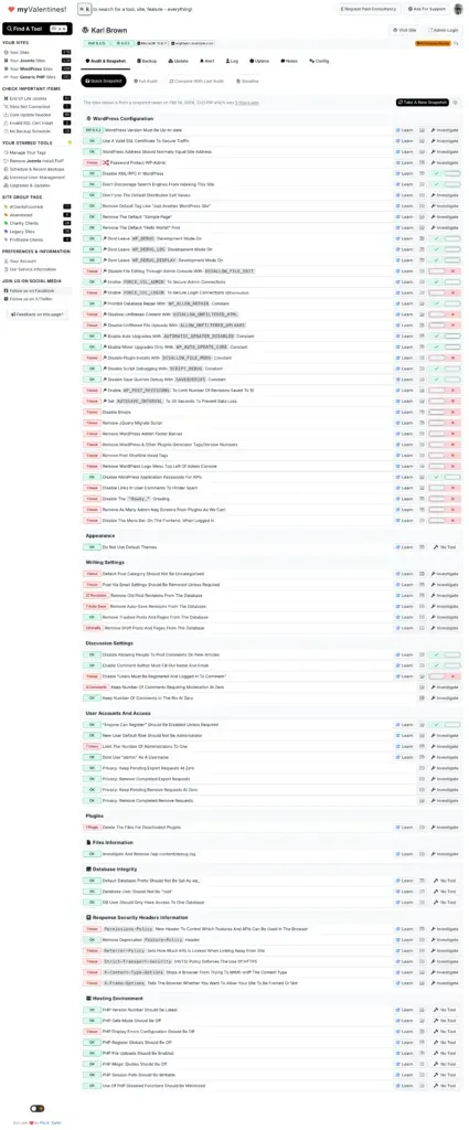 Full-page view of the mySites.guru snapshot showing all check categories