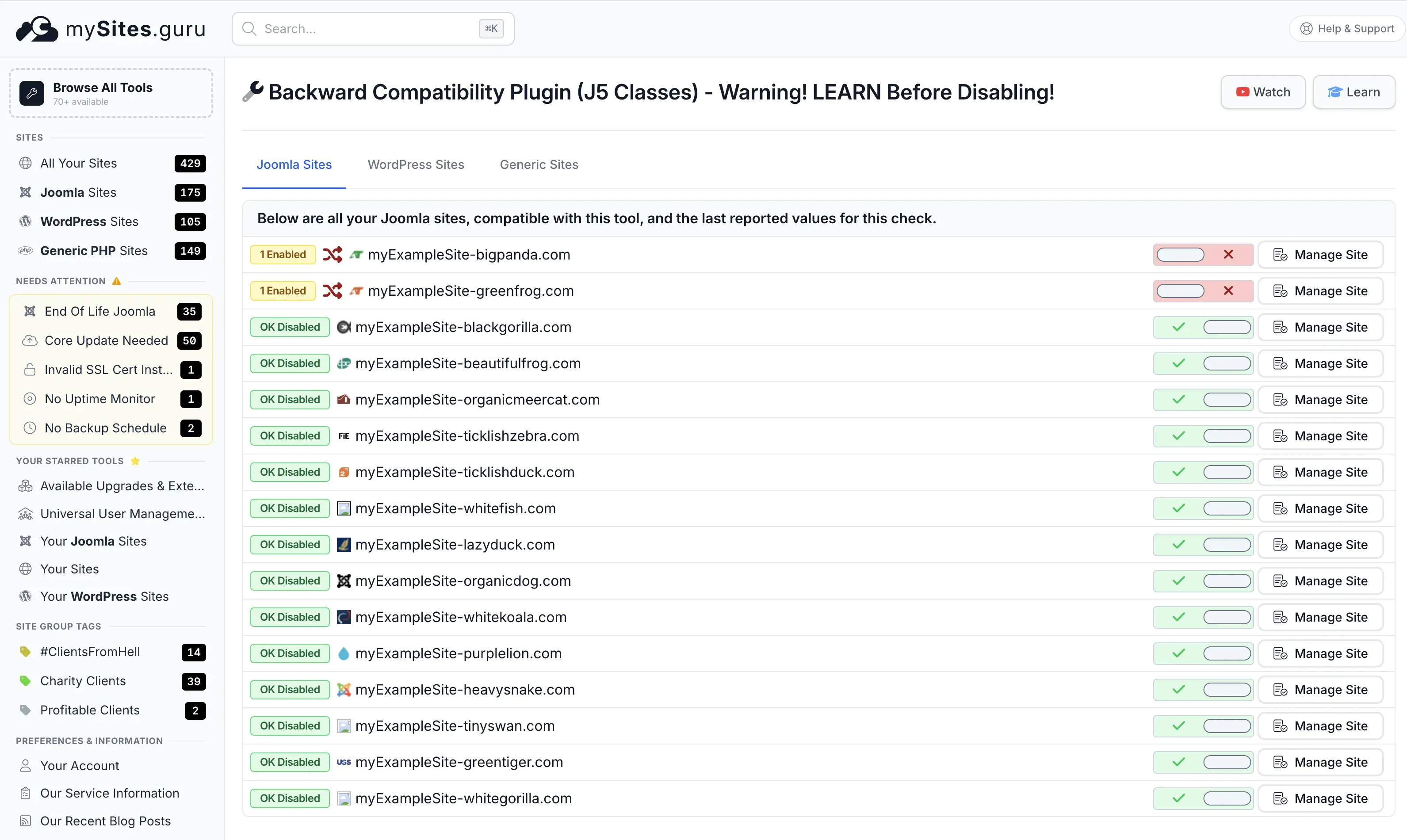 The mySites.guru pivot page showing backward compatibility plugin status for all connected Joomla sites with per-site toggle switches