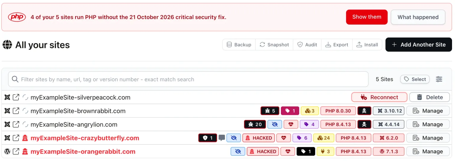 The mySites.guru sites list with a red banner reading 4 of your 5 sites run PHP without the 21 October 2026 critical security fix, with Show them and What happened buttons, above five example sites with red PHP 8.0.30 and PHP 8.4.13 pills