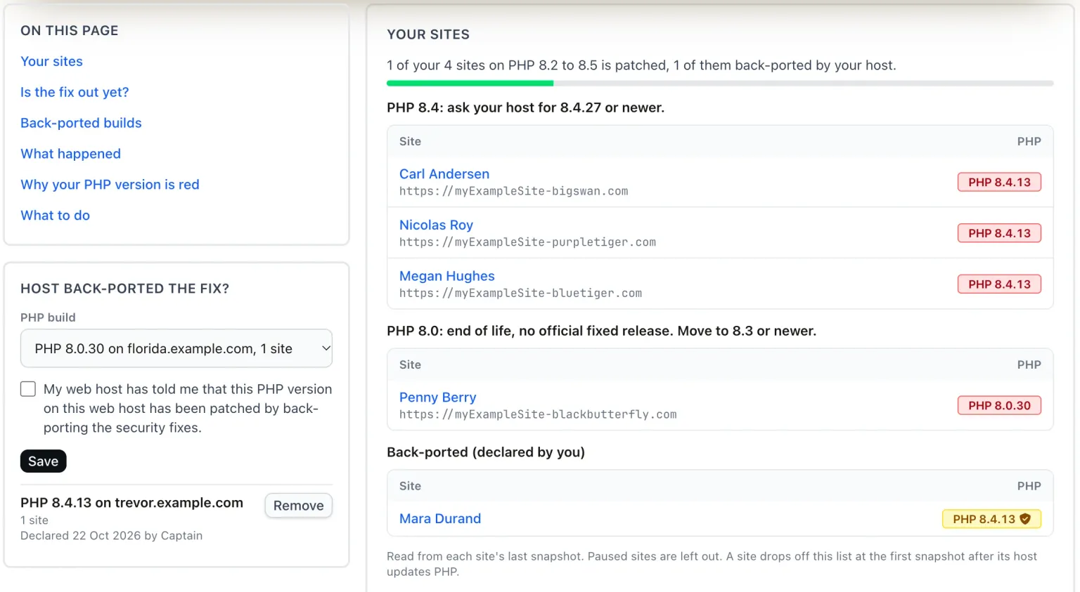 The PHP security release help page: a left column with an On this page list and a Host back-ported the fix? card, and a right column headed Your sites with the line 1 of your 4 sites on PHP 8.2 to 8.5 is patched, 1 of them back-ported by your host, a progress bar, site groups for PHP 8.4 and end-of-life PHP 8.0, a Back-ported (declared by you) group with a yellow shielded PHP 8.4.13 pill, and an Is the fix out yet? table