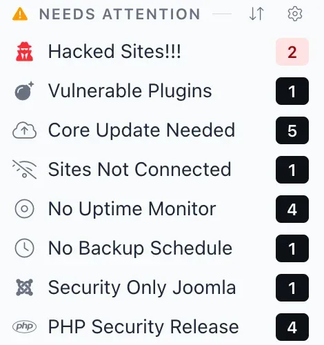 The Needs Attention group in the mySites.guru left menu with a PHP Security Release row and its count