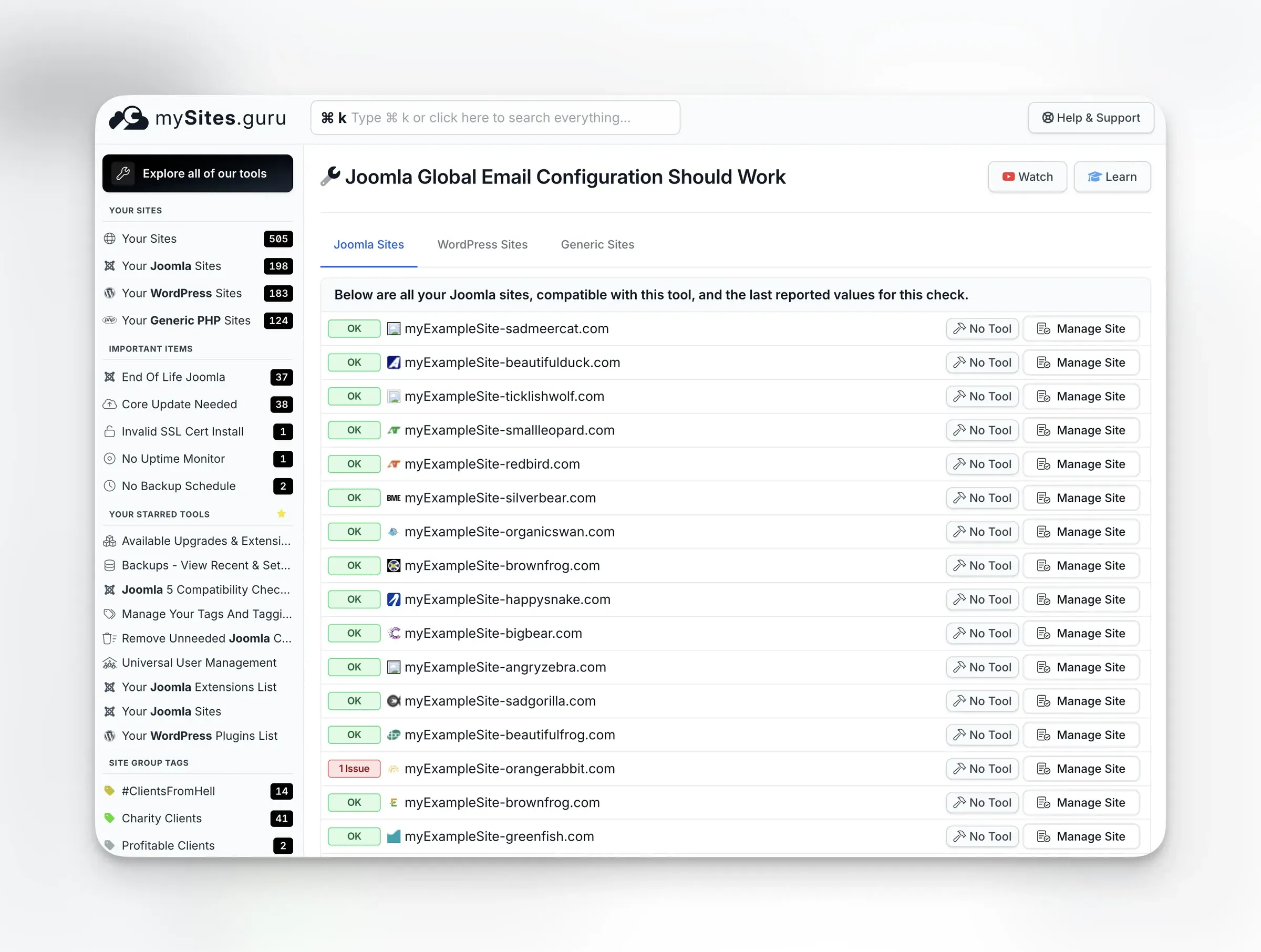 mySites.guru pivot view showing the Joomla Global Email Configuration check across all connected sites, with OK and Issue statuses listed per site